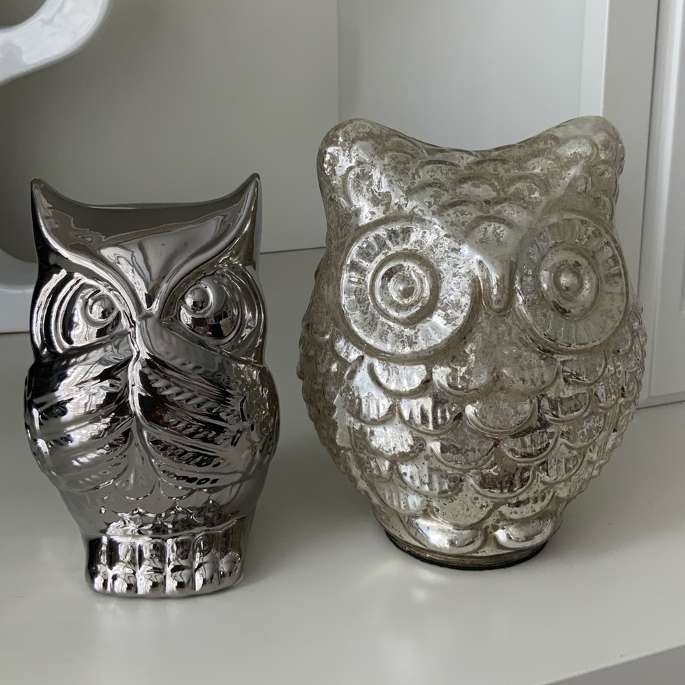 Decorative Wise OWL Mirrored Silver Ceramic Statues Figurines LOT X 2 Home Decor